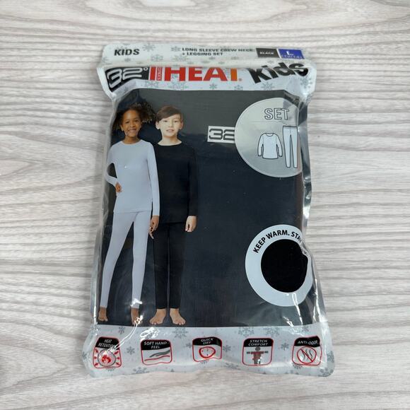 32 Degrees Heat Base Layer Long Sleeve Crew Neck and Legging Set Kids Sz L Black - Picture 2 of 5